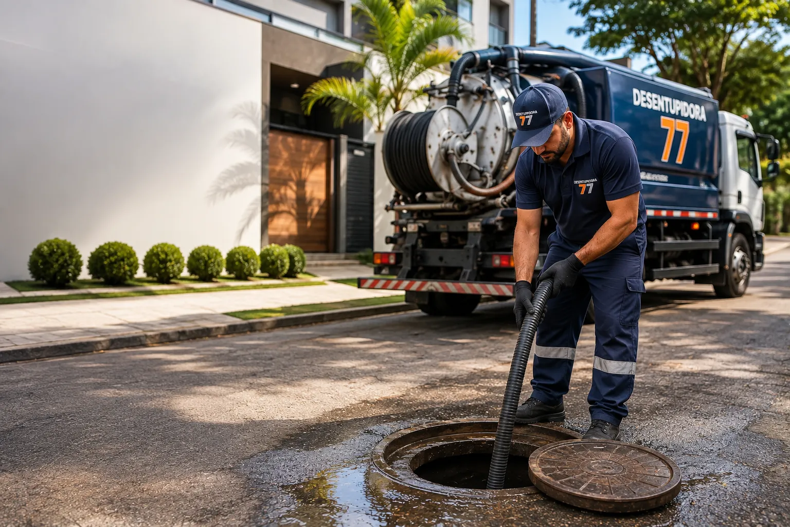 Técnico da Desentupidora 77 realizando limpeza de caixa de gordura com caminhão da empresa ao fundo, em Vitória da Conquista